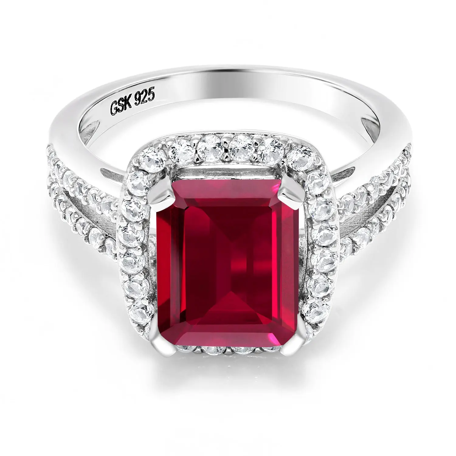 Gem Stone King 4.42 Cttw Red Created Ruby Centerstone Engagement Ring for Women - Emerald-Cut 10X8MM Silver Ring, Long-Lasting Durability & Shine, Meets Highest Design & Quality Standards, Sizes 5-9, Lifetime