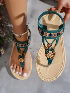 Boho Style Women's Flat Sandals, Lightweight Sandal, Elegant Fashion Round Toe Beaded Flower Beach Shoes, Casual Outdoor Slides for Vacation, Flat Sole, Eva Material