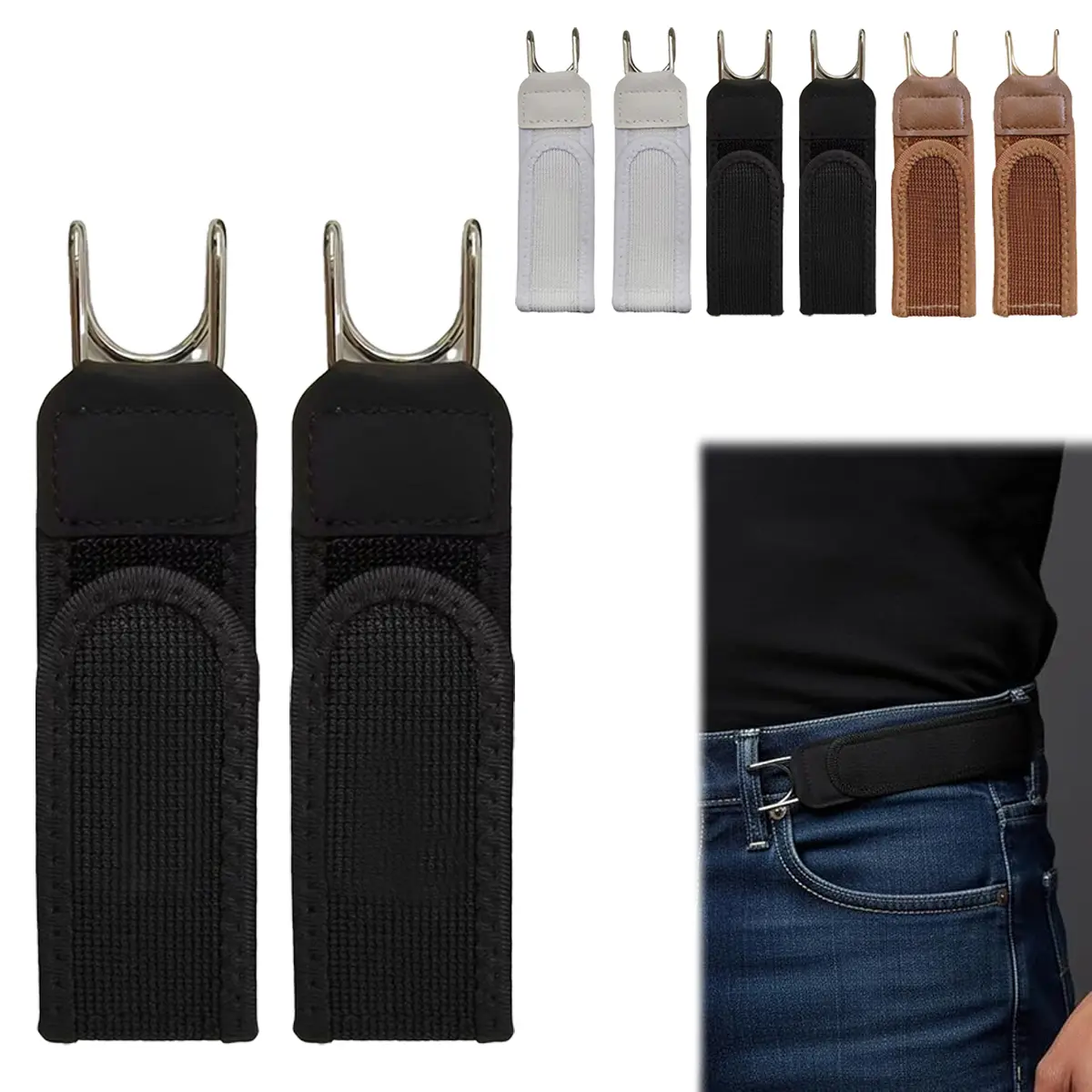 2 Pcs Metal Hook Elastic Belt, Black No Buckle Belts For Men, Adjustable Invisible Stretch Belts for Unisex, Velcro Buckless Belt for Casual, Jeans, Business, Outdoor Hiking