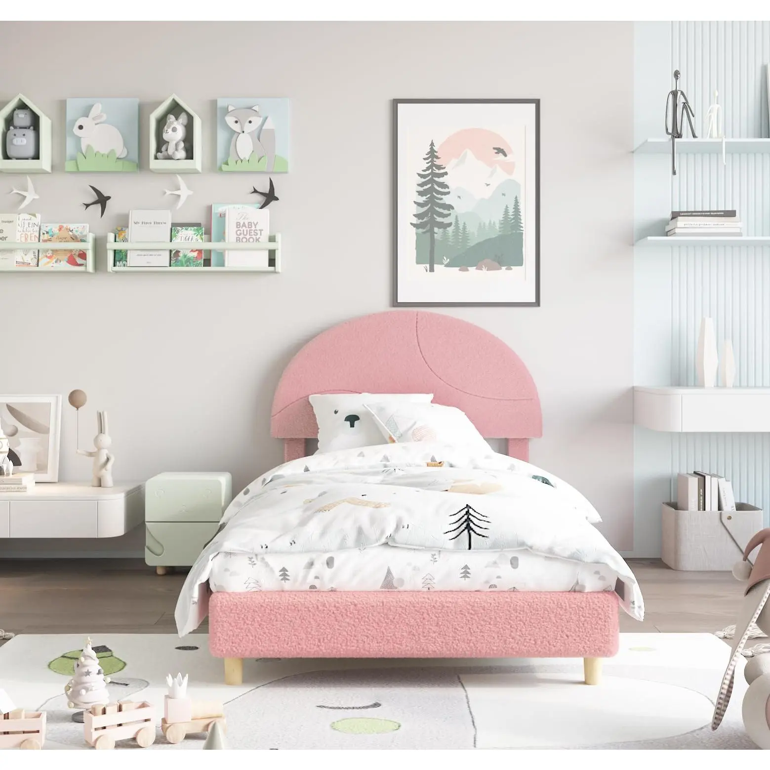 Garvee Sturdy Silent Twin Bed Frame with Round Headboard - Round Boucle Upholstery (Blush Pink & White), 1500 lb Capacity, Anti-Slip Strips, Wood Slats, Easy Setup, No Box Spring Needed, Squeak Resistant, Teddy Fabric