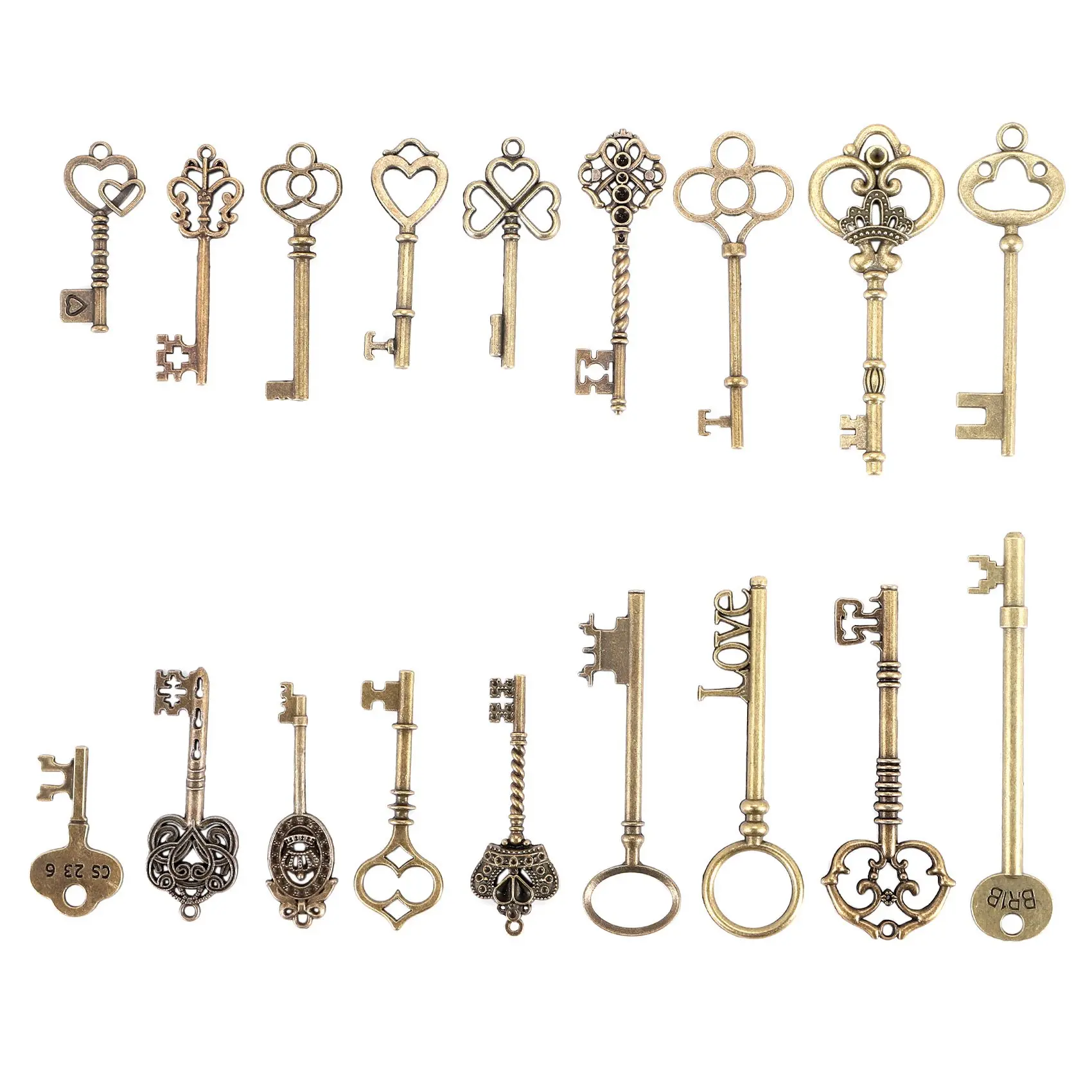 Vintage 18-Piece Bronze Skeleton Key Pendants with Heart Bow Lock Design - 1 Size Classic Unisex Accessories for DIY Home Projects, Jewelry Making, Key Chain Household Decor Accents