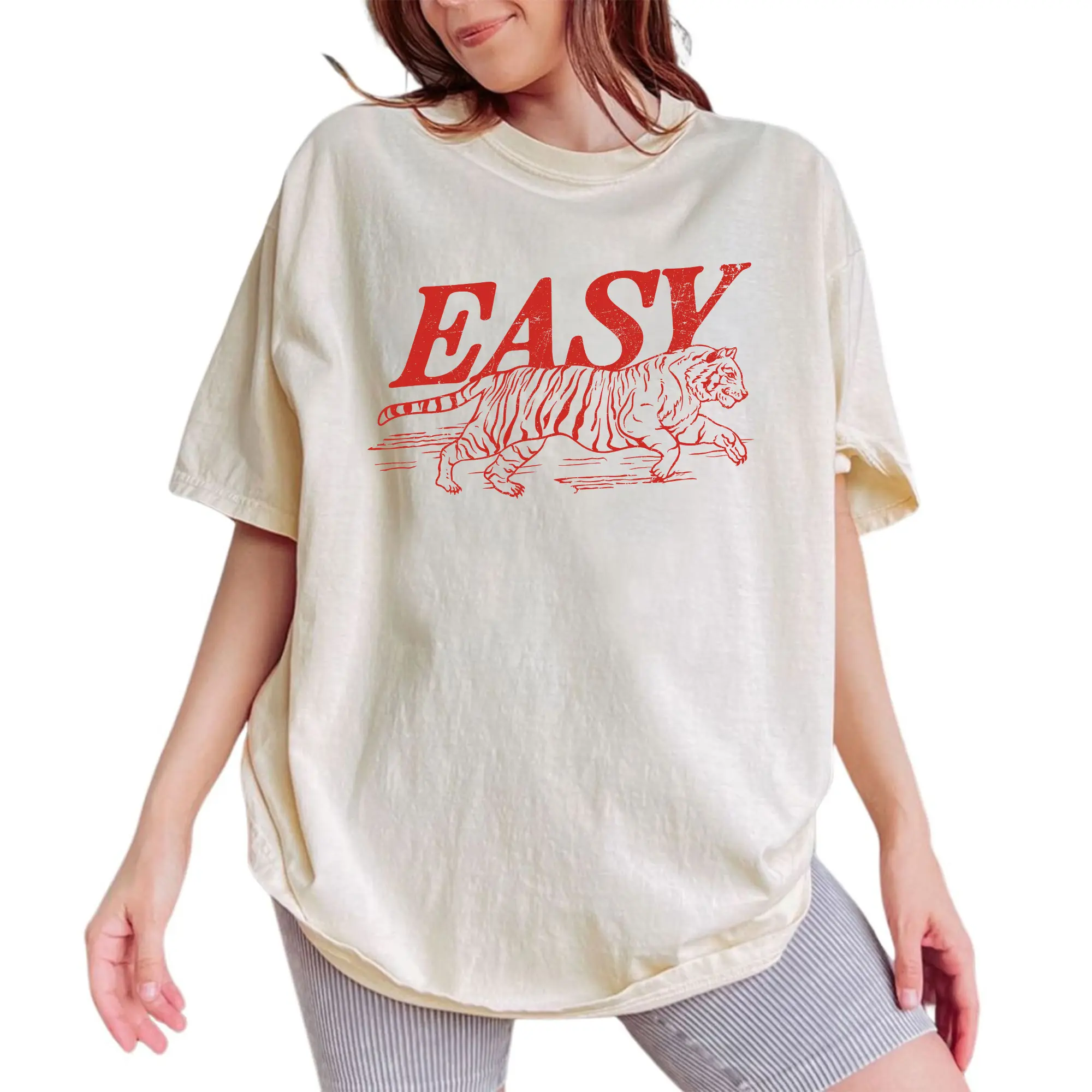 ChicCotton Vintage Easy Tiger Comfort Colors Shirt, Hippie Women T-shirt, Retro Funny Graphic Tee, Vintage Women Clothing, Gift For Her