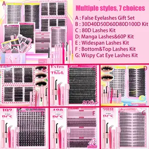 DIY Eyelash Extension Kit, False Eyelashes Kit, 6 Styles Christmas Valentine's Day Gifts Individual Lash Clusters Manga Lashes, Cat Eye, Fluffy Eyelash Clusters With Makeup Tools, Bond and Seal, Lash Remover For Beginner Use At Home Eyelash Set