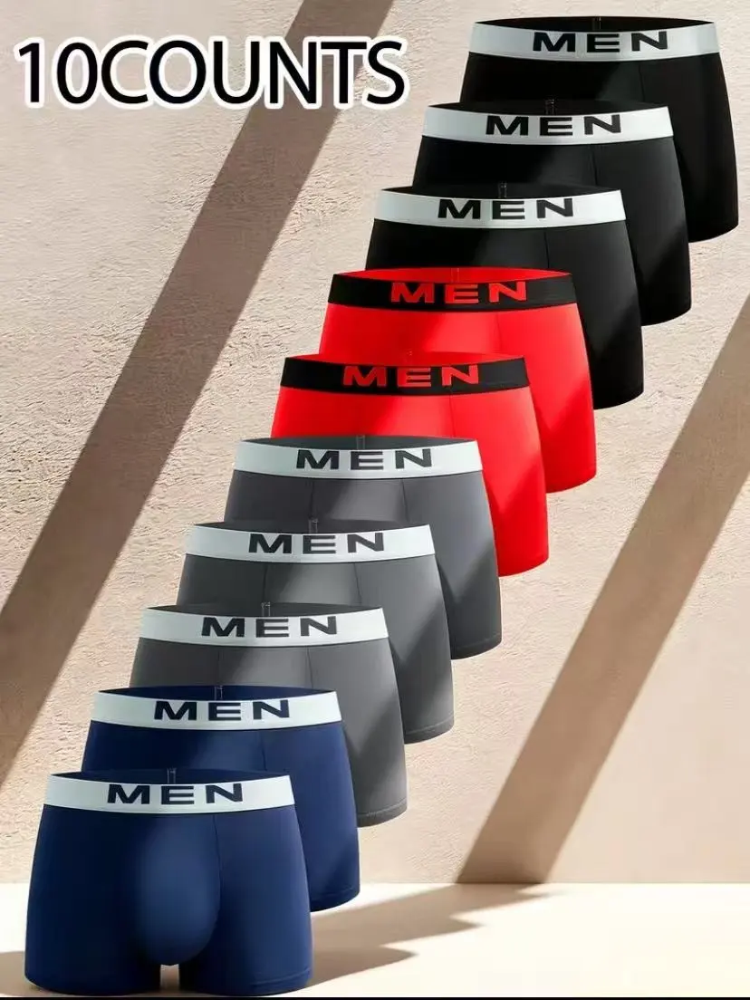 Men's 10-Pack Plain Boxer Briefs, Mid Waist Multicolor Design with a Breathable Fit and Comfortable Elastic Band, Casual, Fashion, Solid, Sports, Boxer Waistband Men's Briefs, Soft Comfortable Transpirable Men's Briefs