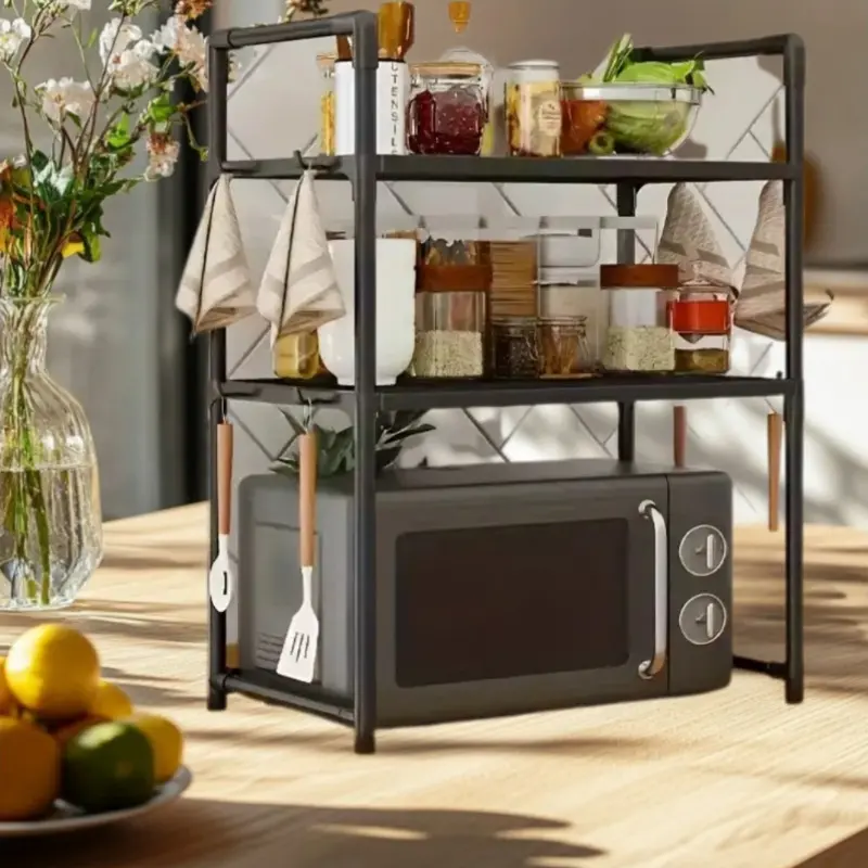 Multifunctional heavy-duty iron kitchen storage rack with hooks - Wall-mounted and countertop dual-use shelf, space-saving storage rack with hooks, easy to assemble, suitable for small kitchens