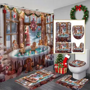 Christmas Gingerbread People Shower Curtain Set, Festive Bathroom Decor with Hooks, Bath Mat, Toilet Lid Cover, U-Shaped Tray, Perfect Gift