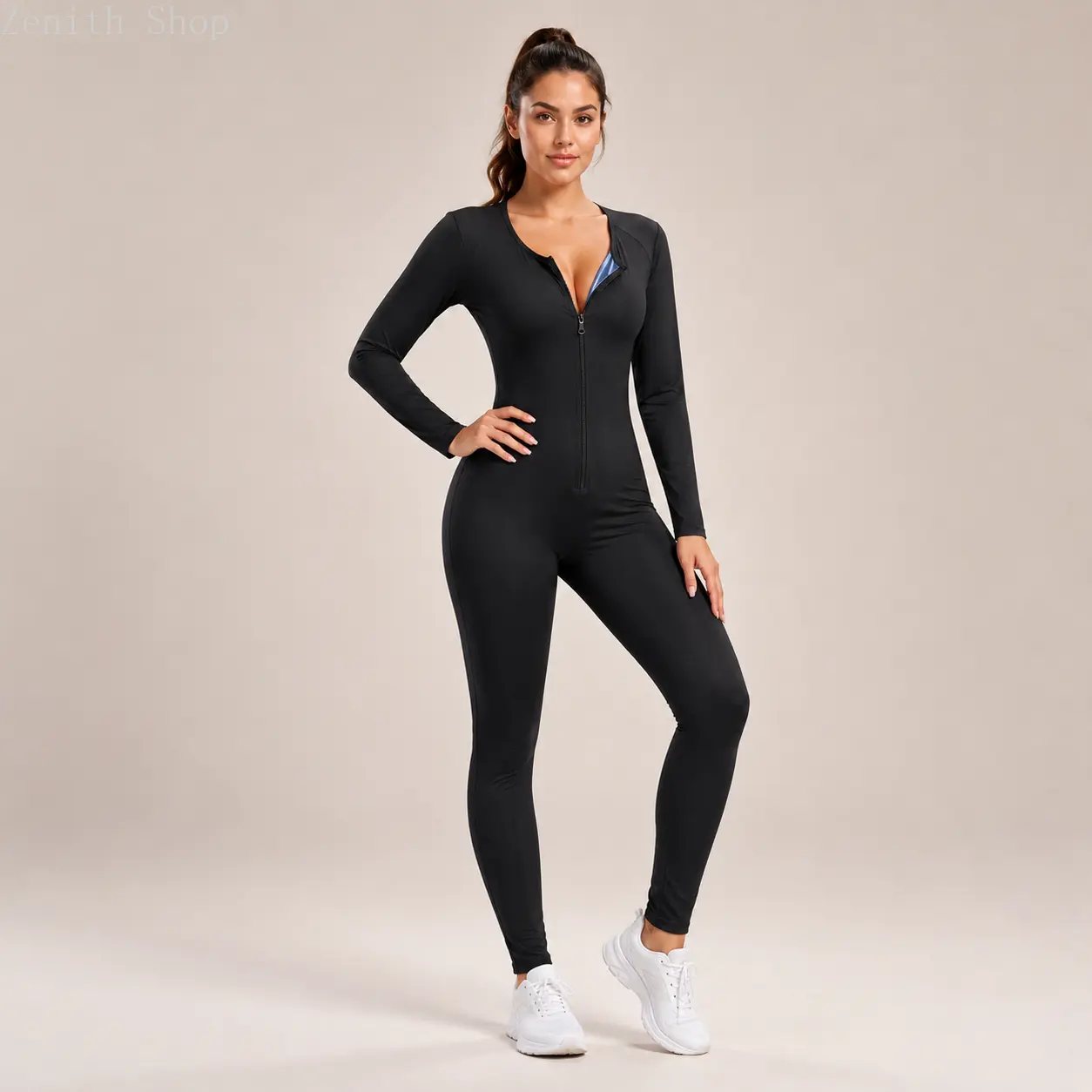 Sauna Jumpsuit for Women, Hooded Long Sleeve Polyester Body Shaper with Front Zipper for Workout & Yoga, Polyester Jumpsuit, Jumpsuits For Women