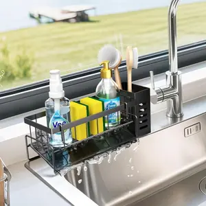 Kitchen Sink Sponge Holder with Automatic Drainage Tray - Detachable Towel Rack, Countertop Organizer for Dish Brushes/Soap Bottles, Bathroom Compatible Practical