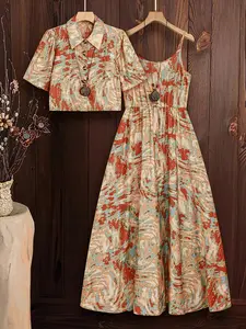 Bohemian Style Set Alert! Abstract Print Short Shirt + Flowy Sling Midi Dress, Perfect for Summer Adventures, Bold and Versatile