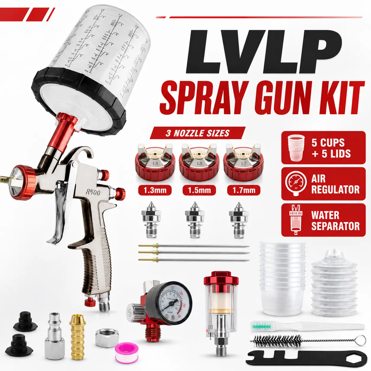 R500 Spray Gun LVLP with 650ml Mixing Cup&10 Disposable Cups, 1.3/1.5/1.7mm  Spray Paint Gun, LVLP Automotive Paint Gun for House Painting, Car, Furniture, Fence, Varnish&Top Coat pistolade pintar budget mode adjustable high capacity container Kit