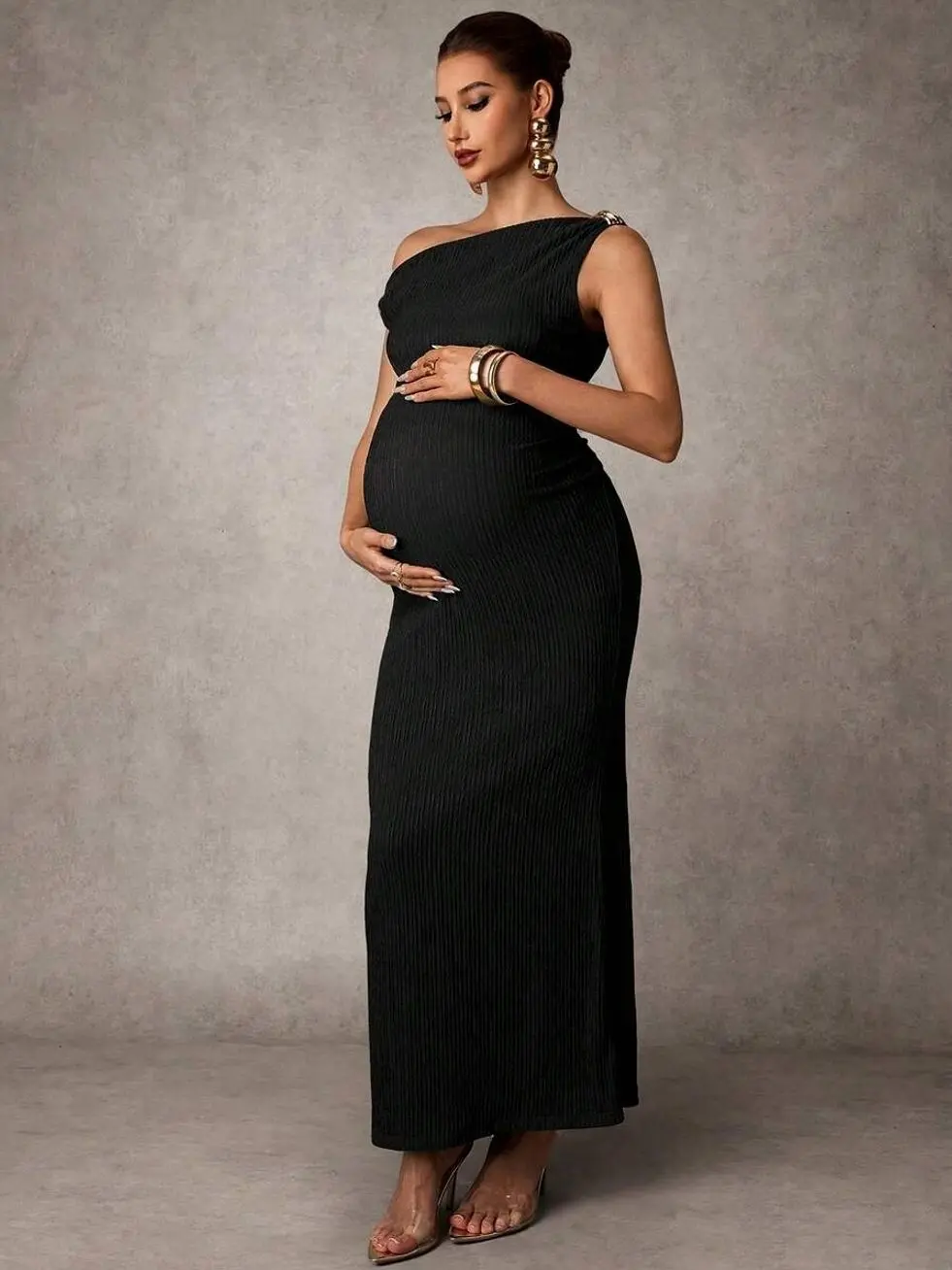 Maternity Asymmetrical Neck Fitted Dress, Elegant Buckle Detail Pregnancy Outfit for Summer
