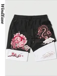 Men's Classic Sakura Dragon Pattern Double-Layer Mesh Shorts, Comfortable Loose Streetwear Summer Casual Pants for Hangouts and Travel