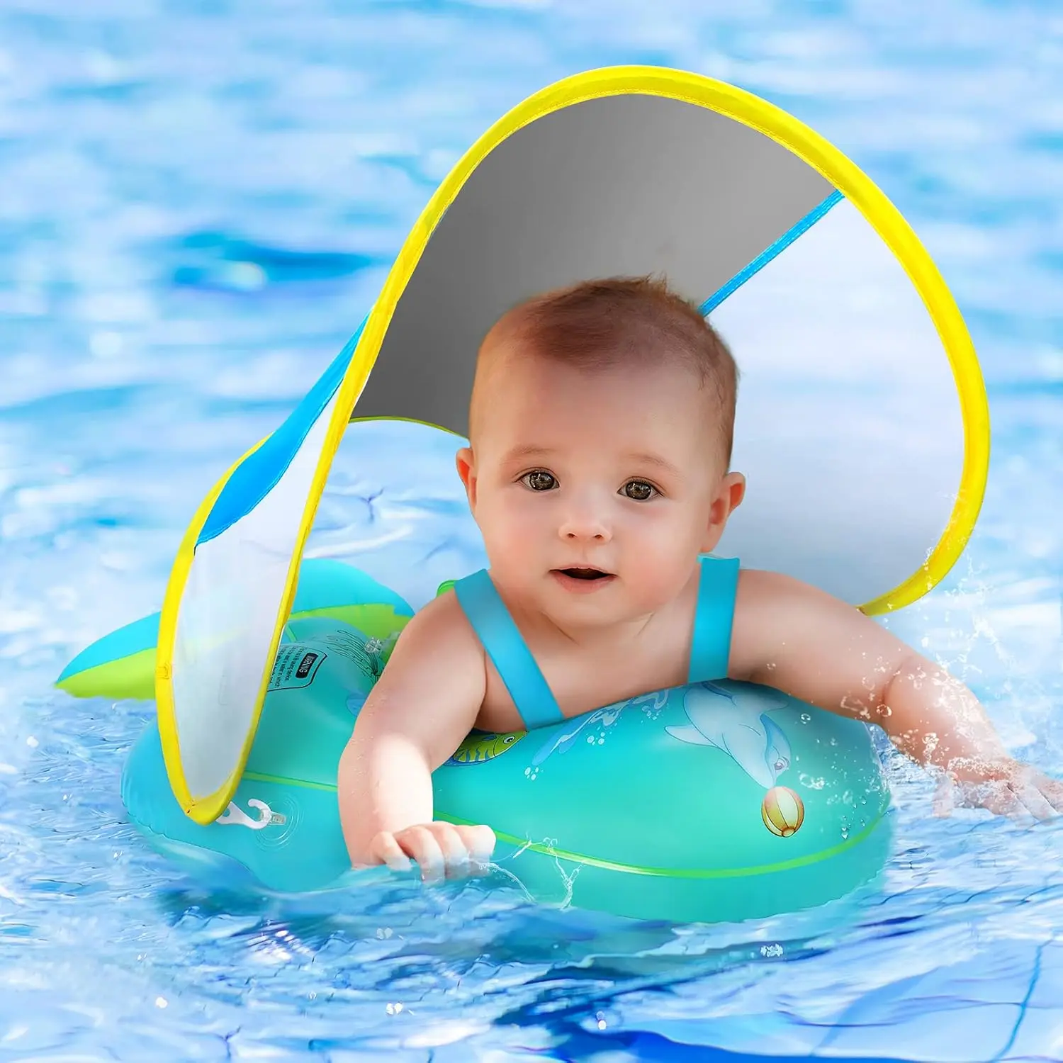 2025 New No Flip Over Baby Pool Float with Canopy UPF50+ Sun Protection, Inflatable Baby Float with Sponge Safety Support Bottom, Fun Gifts Water Toys Accessories Baby Swim Floats for Pool 3-36 Months