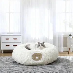 Large  Tunnel Bed for Indoor Cats, Bed,  Tunnel Christmas Tree Skirt,  Donut Tunnel Toys with Warm Soft Plush, for Cats, Kittens, Small Pets (White)