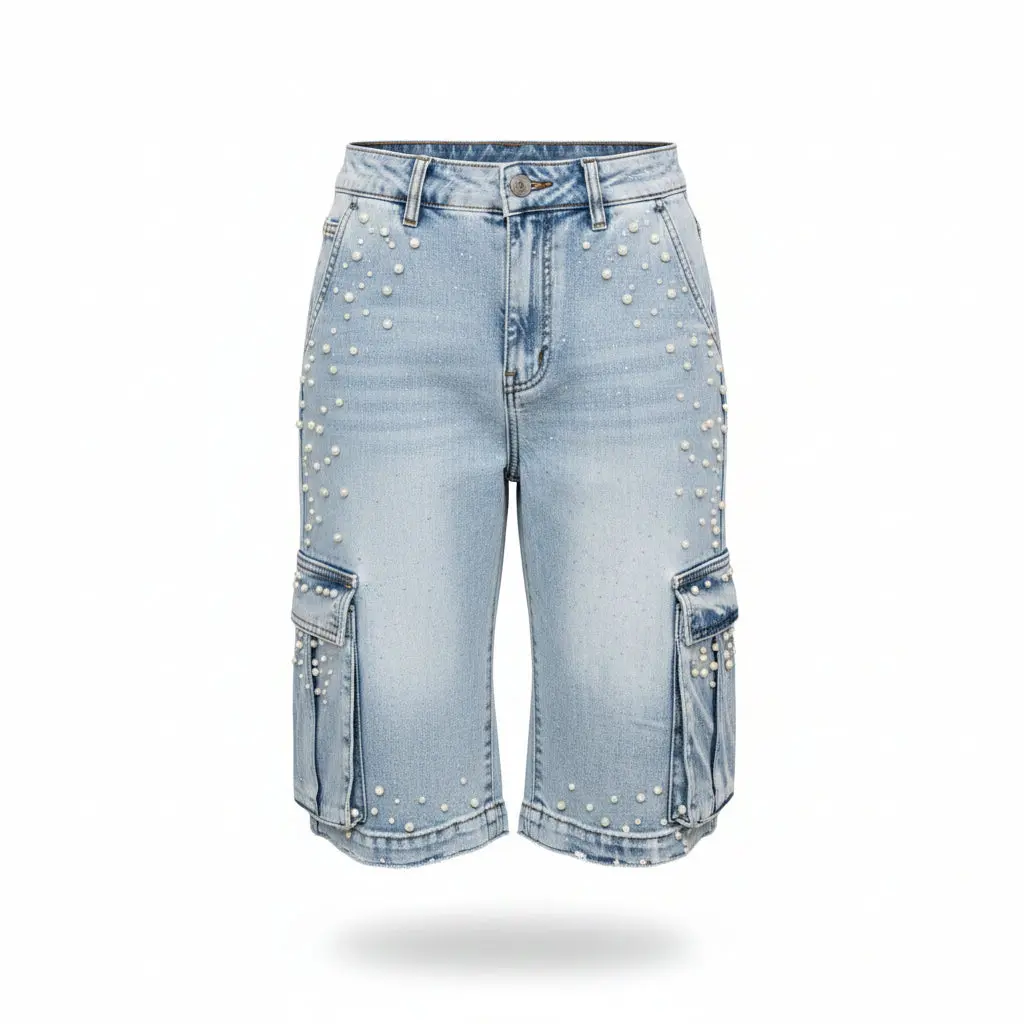 Women's American Bazi Pearl Cargo Denim Shorts, Casual Feminine Bottoms with Pocket, Flattering Fit, Comfortable, Clothes, Classic, High-Quality Durable Denim, Lady, Basic, Pearls Added, Flattering Cut, Pearl And Rhinestone Embellishments