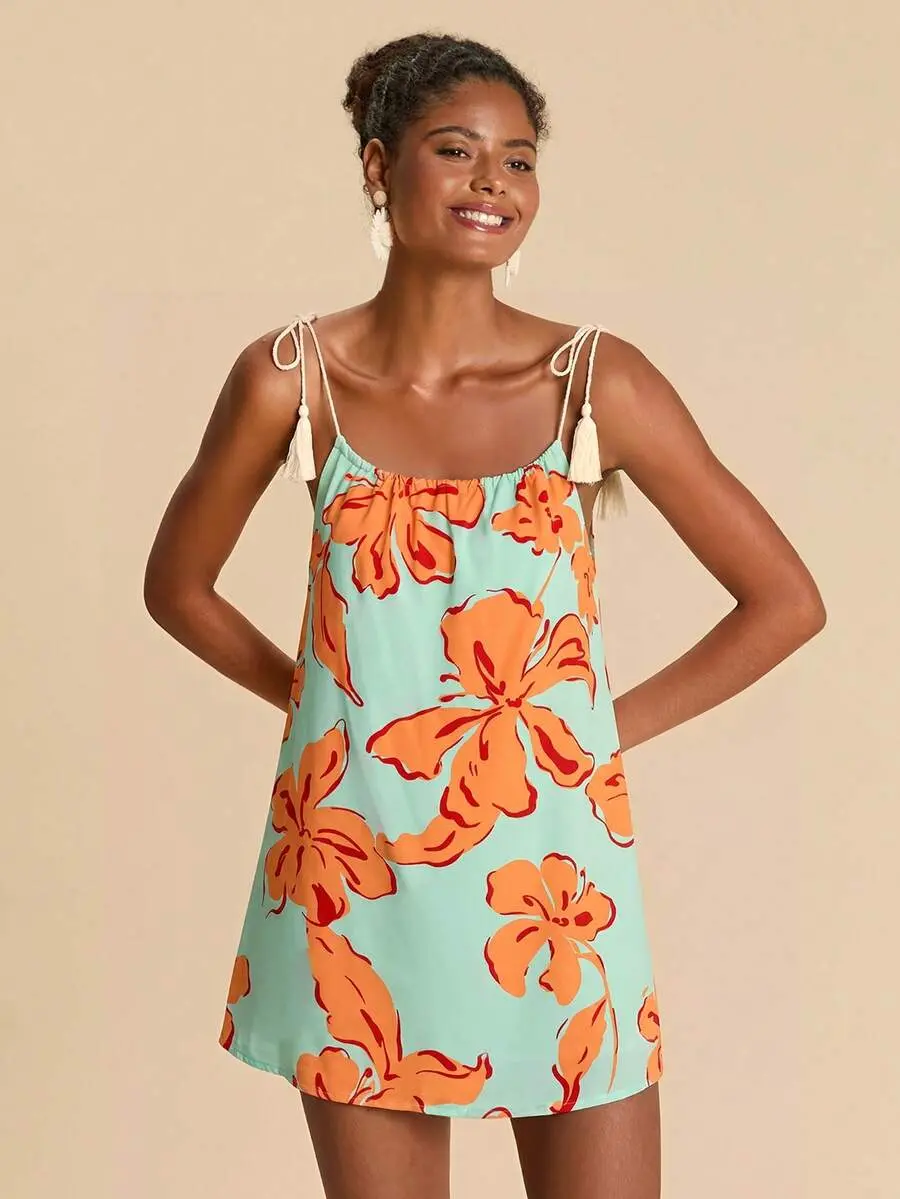BOUTIQUE Women's Floral Print Casual Tropical Vacation Travel Cover-Up Camisole Dress Beach Vacation Light Green Summer