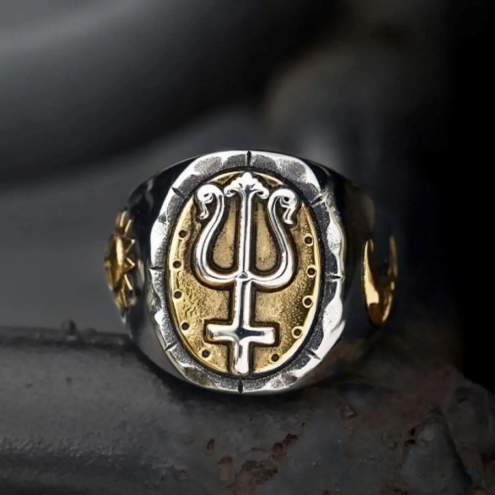 GTHIC Unisex Symbolic Trident Cross Unique Ring, Stainless Steel Bold Jewelry for Daily Wear, Unique Rings