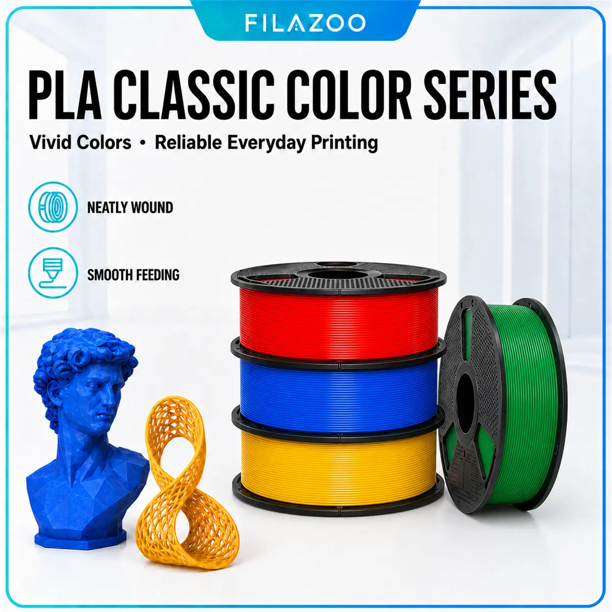 FILAZOO Classic PLA 3D Printer Filament 1.75mm 1KG Spool | Premium Solid Colors | High Speed Tangle-Free Smooth Extrusion | Compatible with Bambu Lab X1/P1S/A1, Creality Ender 3, FDM Printers