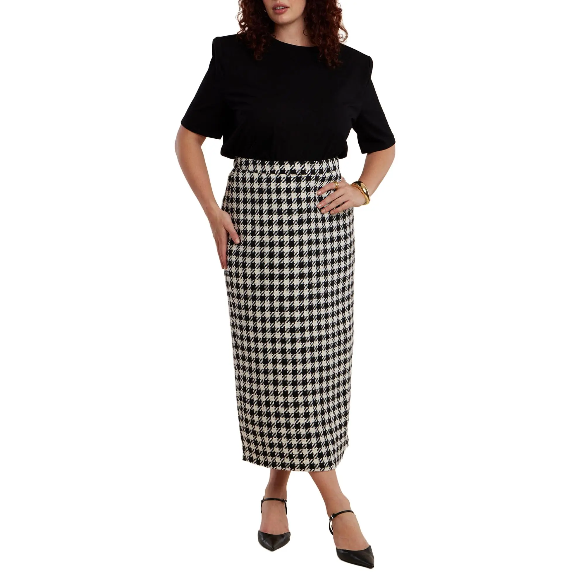 ELOQUII Women's Plus Size Houndstooth Column Maxi Skirt