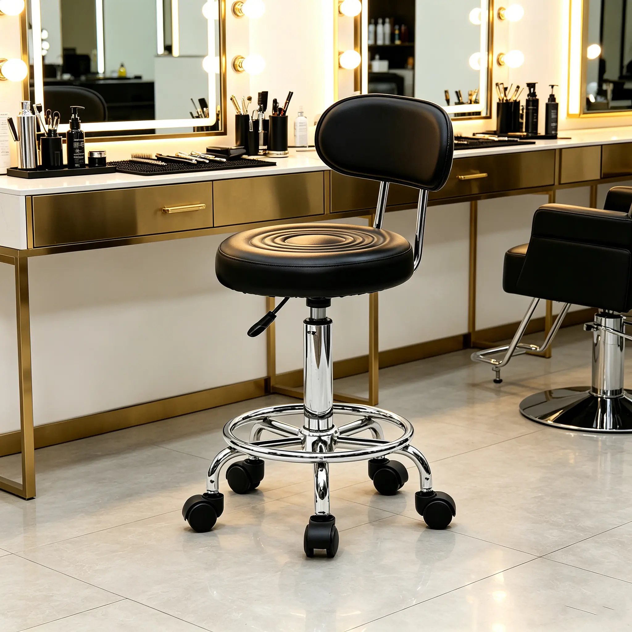 High Quality Durable Black Round Adjustable PU Leather Barber Salon Chair with Foam Backrest, Stitched Detailing, Anti-Skidding Base, 18.5-24.21 in Height, 8.82 lbs Commercial Salon Furniture