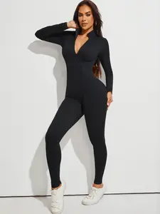 Women's Fashion Basic Sexy Ribbed High Waist Fitted Jumpsuit, Tight Long Sleeve V-Neck Zipper Full Body Bodysuit, Stylish and Comfortable One-Piece Womenswear
