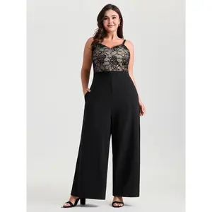 BloomChic Jumpsuit for Women's Plus Size, Romantic Black Sleeveless V-Neck with Lace Bodice, Stretchy Wide Leg with Pockets