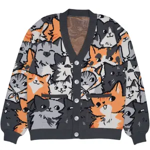 Steady Hands Are You Kitten Me Knit Cardigan Gray Orange White Animals Cat Kitty Kats