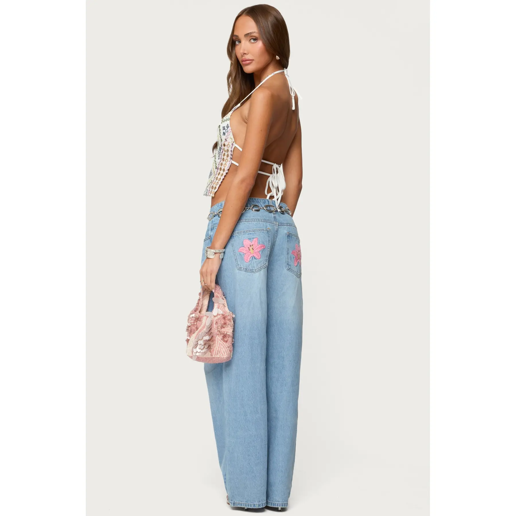 Mirra Embroidered Flower Low Rise Baggy Jeans