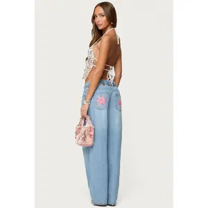 Mirra Embroidered Flower Low Rise Baggy Jeans