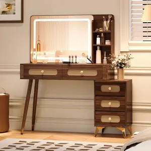 47''Vintage Makeup Vanity with Mirror and Lights, Makeup Vanity Desk with 5 Drawers and Storage Shelf, Rattan Drawer Design, 3 Color Modes and Adjustable Brightness Dressing Table,Dark Walnut