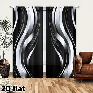 2D Flat 2Pcs Modern Abstract Wave Pattern Curtains Black White Grey Window Drapes Elegant Thermal Insulated Room Darkening Panels Home Decoration Curtain for Living Bedroom Dining Office Home Decor Fashion Treatment