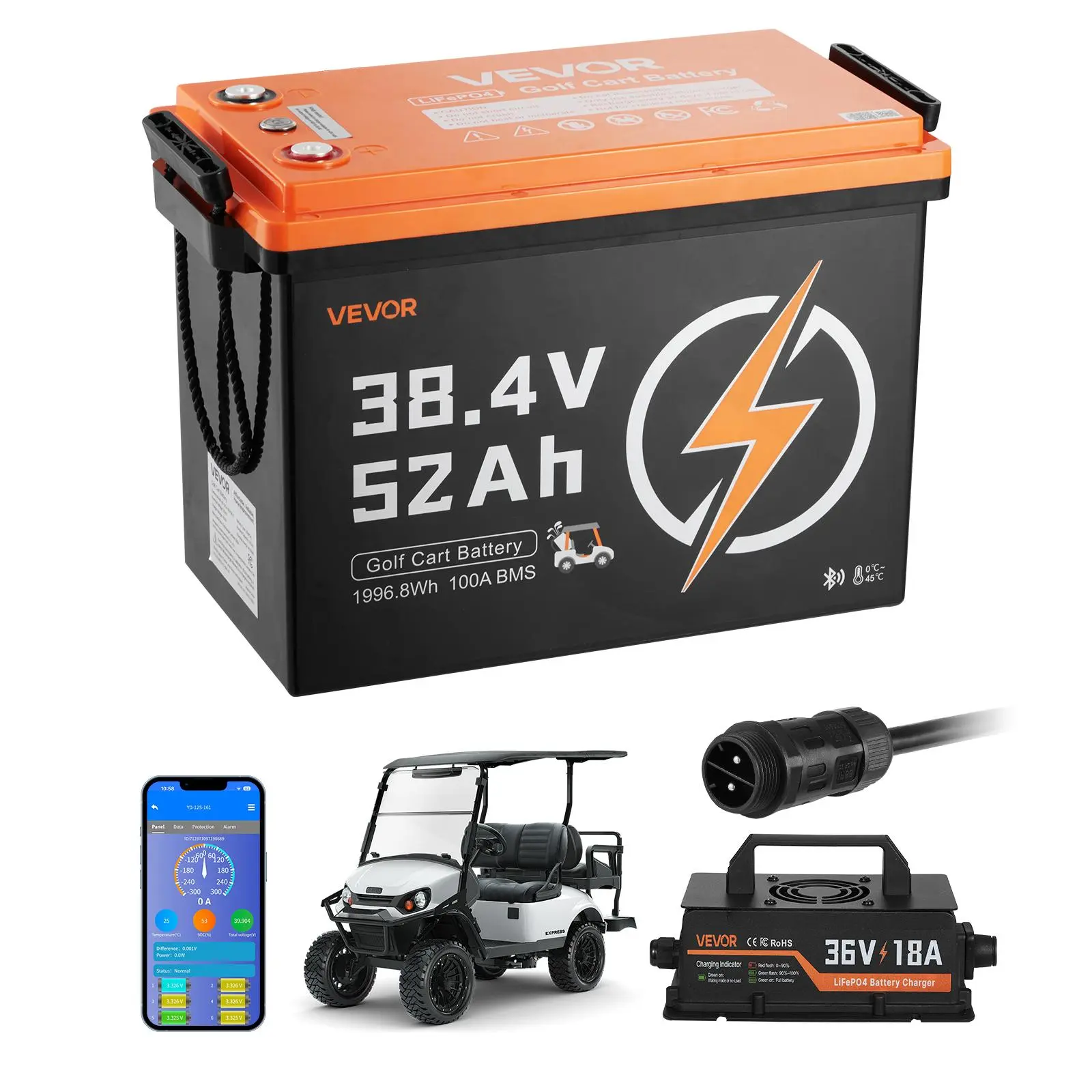 【DealsForYouDays】VEVOR High-Capacity 36V (38.4V) 52AH Lithium Ion Golf Cart Batteries Kit, 18A Charger Included, Built-In 100A BMS, 4000 Cycles, 2C Discharge Rate, Bluetooth Functionality, Mobile APP, Dustproof, for Golf Carts-Trolling Motors, Fast & Reli