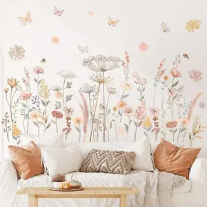 Bohemian Floral Grass Wall Sticker, Watercolor Butterfly Girl Bedroom Self-Adhesive PVC Decal, Living Room Wall Decoration, Home Decor, Decorative Wall Sticker