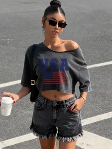 American Vintage Asymmetric Women's Sporty Fitness Crop Top Short Sleeve, Summer Casual Loose Fit Shoulder Cut Out Shirt for Daily Commute