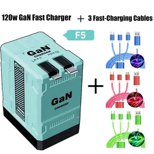 2026 W&O 4-in-1 120W 2026 GaN Fast Charger with 3 Fast Charging Cables, Retractable 35in Type-C & Lightning Cable, Retractable Scalable Super Fast Charger Module，Eight-level protection, FoldableDesign, portable charger
