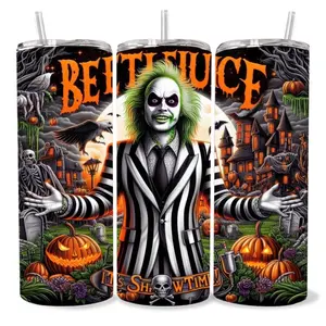 Beetlejuice 20 oz Tumbler - BPA Free, Stainless Steel, Leak Proof, Clear Lid, Includes Straw