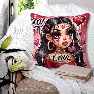 Stylish Cartoon Girl Throw Pillow, Creative decorative cushion, featuring a vibrant digital print design, 45cm square size with Inner Cushion, adorned with playful elements. Perfect for adding a fun touch to home decor!