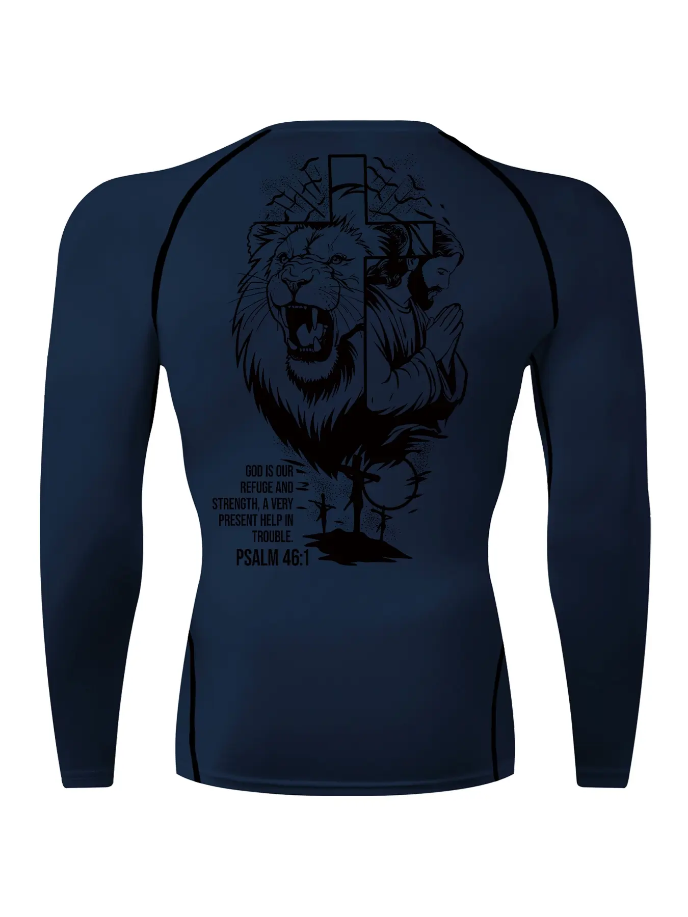 Lion Jesus Cross Graphic Print Long Sleeve Compression Shirt for Men, Gym Workout Fitness Training Running Tight-Fit T-Shirt, Athletic Quick-Dry Stretchy Baselayers Undershirts Top, Spring & Fall Sportswear Activewear, High Performance Activewear
