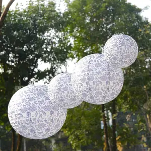 Set of 8 White Blue Hanging Paper Lanterns in French Toile Floral Pattern, Chinese Festival Lanterns - 6",8",10",14"