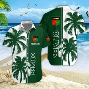 [CUSTOM NAME] Oliver Tractor Hawaiian Shirt for Men Button Down Summer Beach Short Sleeve Casual Classic Sizes S-5XL Palm Tree Design for Farmer Lovers