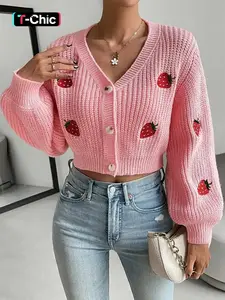 2026 New Model Women's Strawberry Embroidery Button Front Crop Cardigan, Casual Drop Shoulder Long Sleeve V Neck Knitwear Fit Medium for Fall & Winter, Fashion Ladies' Knitting Clothing Tops for Daily Wear, pink cardigan, Womenswear