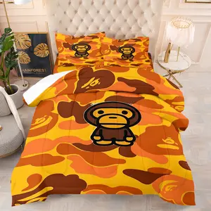 Bape Baby Milo Orange Brown Camo Print Comforter Set, 1 Comforter & 1-2 Coreless Pillowcases, Soft Warm Bedding, Streetwear Enthusiast, Street Style Bedroom Decor, Trendy Toy Personality Space Decor