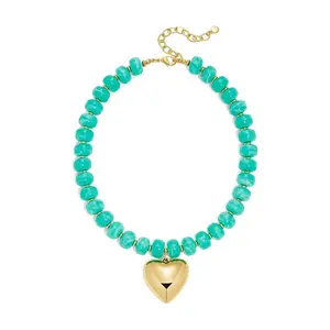 Bohemian Turquoise Beaded Choker Necklace with Gold Heart Pendant Adjustable Chain Chunky Statement Jewelry for Women Trendy SummerVibes Fashion Accessory Perfect for Everyday Wear Beach Vacation and Party Outfits