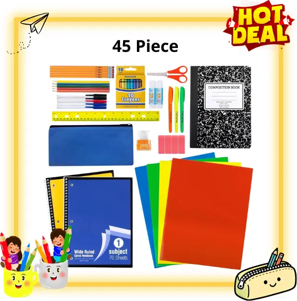 45 Piece School Supplies Kit for Grades K-12, Back to School Essentials with Folders, Notebooks, Pencils, Pens & Classroom Supplies