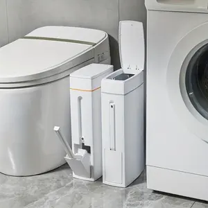 Space-saving ultra-thin corner trash can with toilet brush and holder – compact rectangular bathroom trash can with durable plastic design, no power required, compatible with toilet paper holders, ultimate storage wonder, multi-f