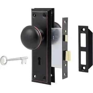 Vintage Mortise Lock Set for Interior Door, Antique Door Knobs with Lock and Skeleton Key, Oil Rubbed Bronze Finish