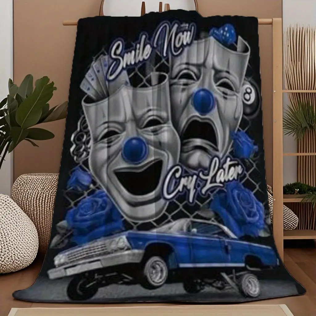 Smile Now Cry Later Lowrider Bohemian Flannel Blanket Cozy Bedspread for Birthdays Anniversaries Christmas Valentine's Gift for Husband Boyfriend Soft Comfortable Bed Covering
