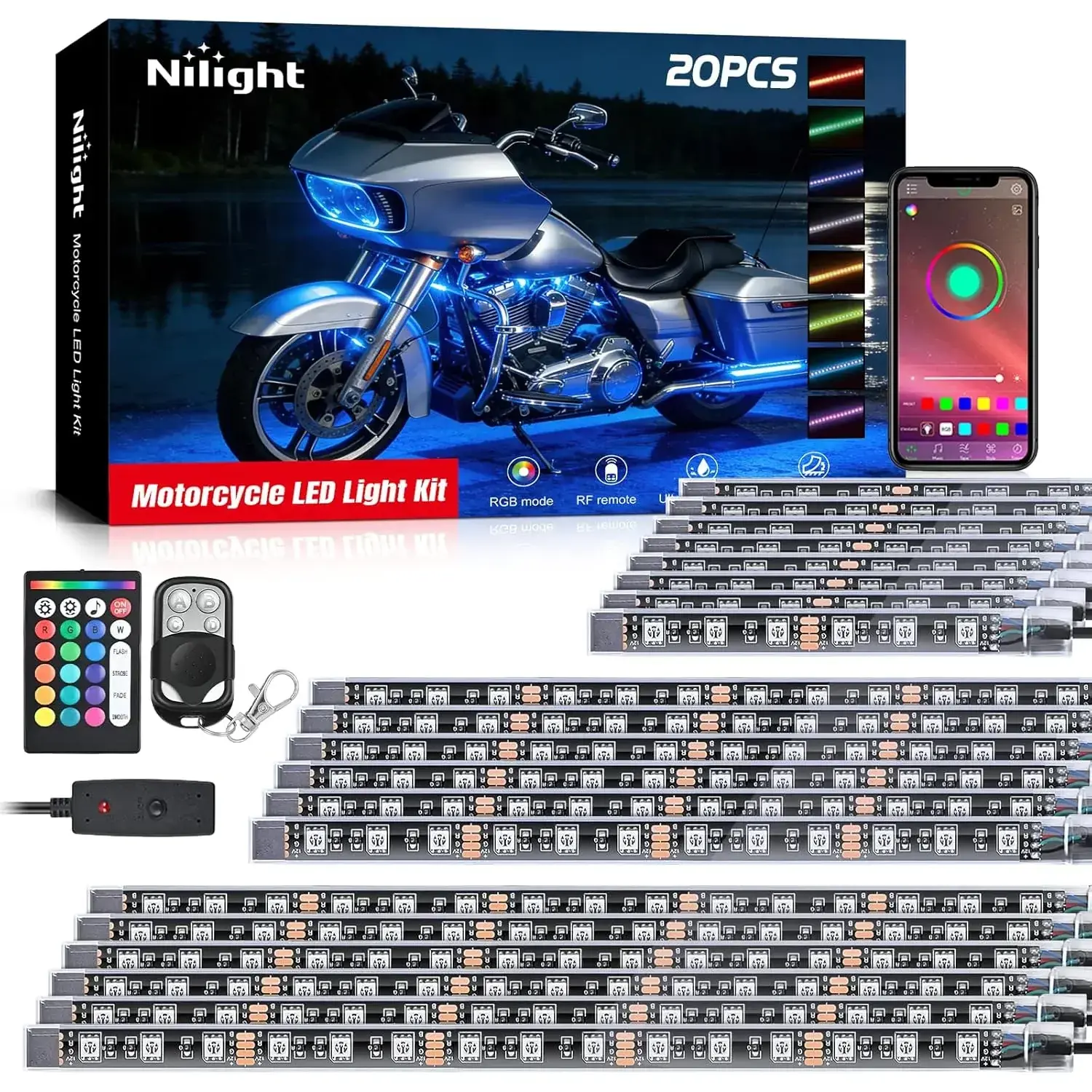 Nilight 20PCS Motorcycle RGB LED Underglow Neon Kit - Waterproof Multi-Color Atmosphere Lights with APP, 24-Key RF Remote, Power Switch, IP67 Seal, 27 Flash Modes, for Kawasaki, Trikes, Underglow Car Lights Enthusiasts