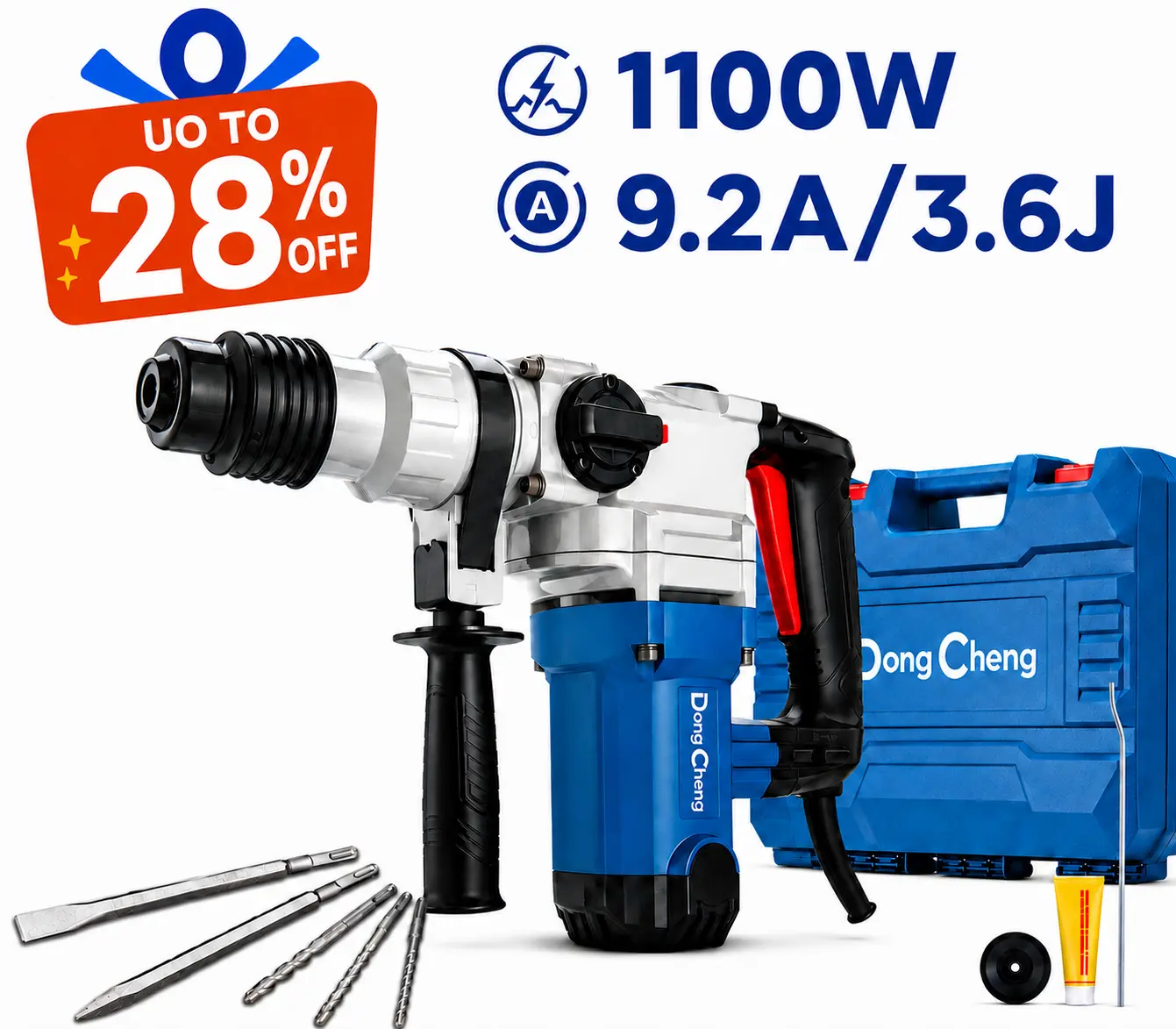 【Renewal Season】DongCheng 1-1/8 in SDS-Plus Rotary Hammer Drill with 5-Year Warranty, 9.2 A, 1100W Power, 3.6 J, Safety Clutch, Grease, Depth Stop Rod, 1300 RPM, Bits + Chisels, Heavy-Duty Corded Demolition Tool for Concrete