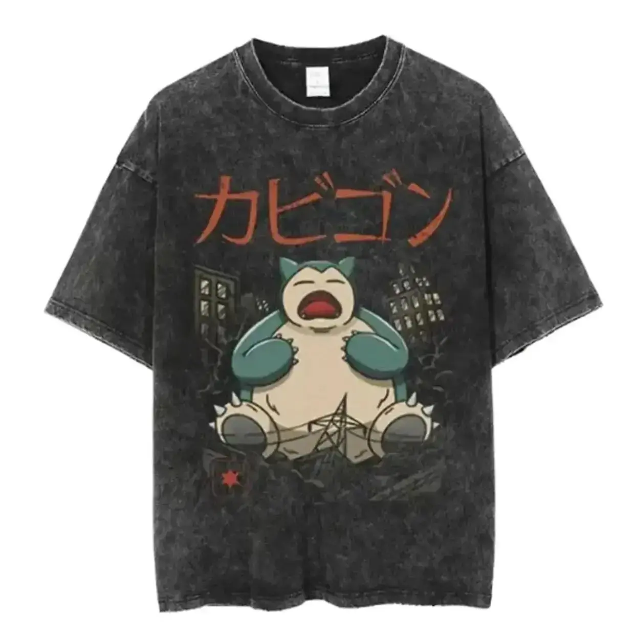 Men's Unisex Snorlax Anime T-Shirt - Baggy Stylish Short-Sleeve Oversized Vintage Graphic Top, Ribbed Crewneck, 230gsm Heavyweight Washed Cotton Seamless Streetwear Apparel, Gift for Him, Shortsleeve